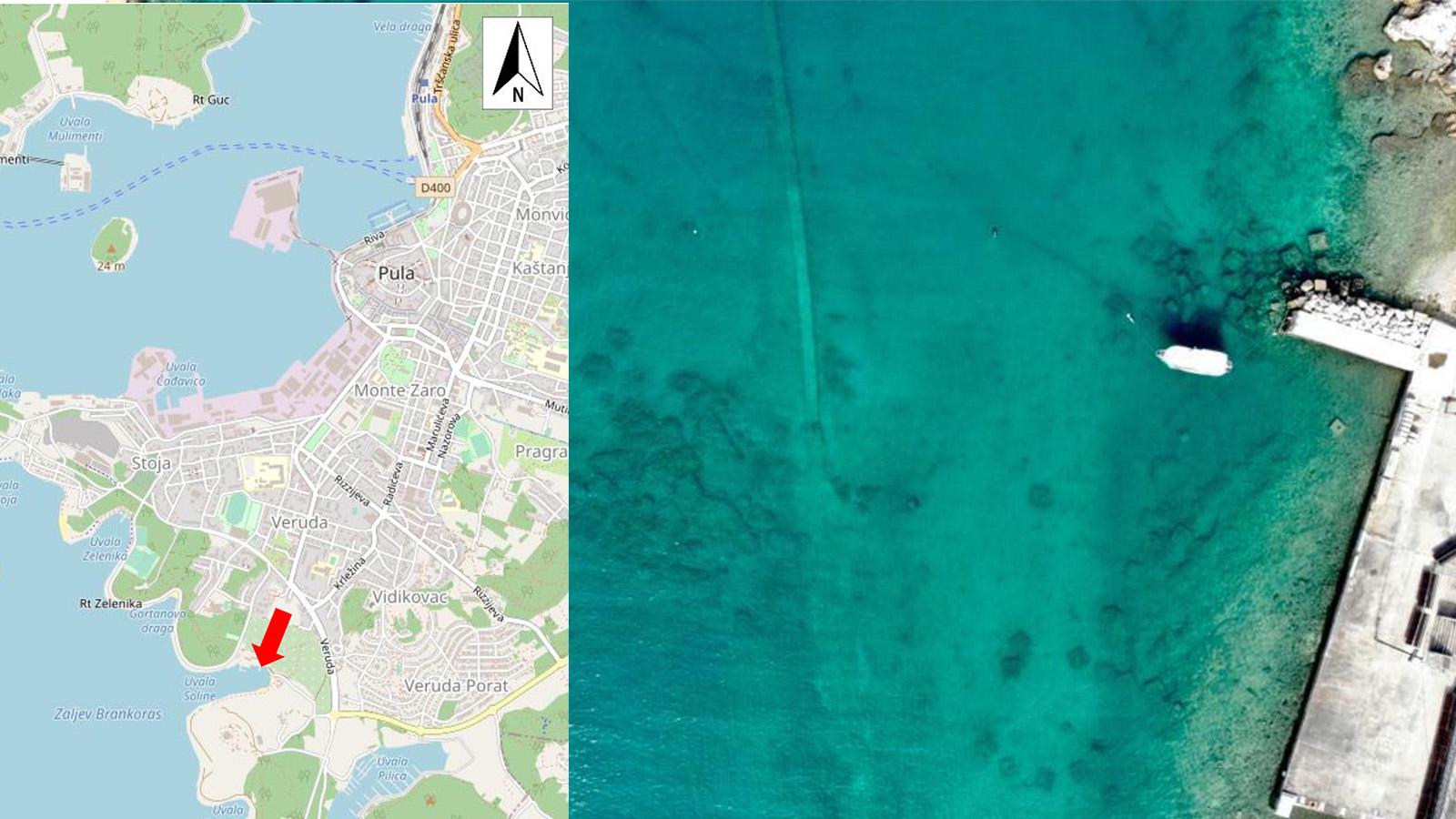 Karte und Drohnenaufnahme von Pula, Valsaline Bucht, Nähe Meeresschule